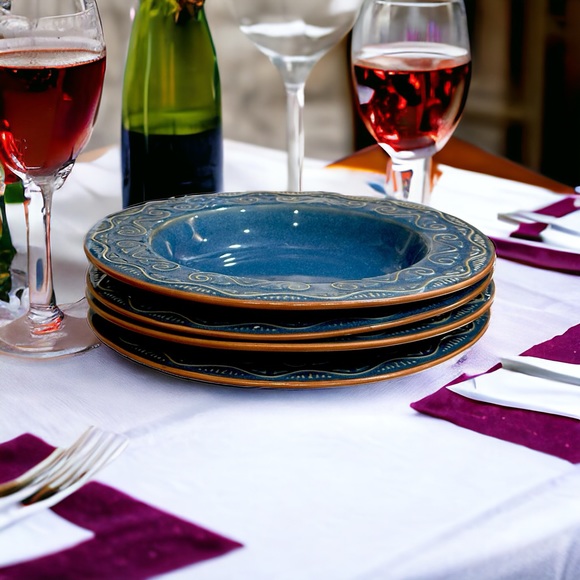 Set of 4 Pier 1 Imports TUNISIA 8 1/2" Blue with Tan Scroll Flat Rim Cereal Bowl - Picture 1 of 10